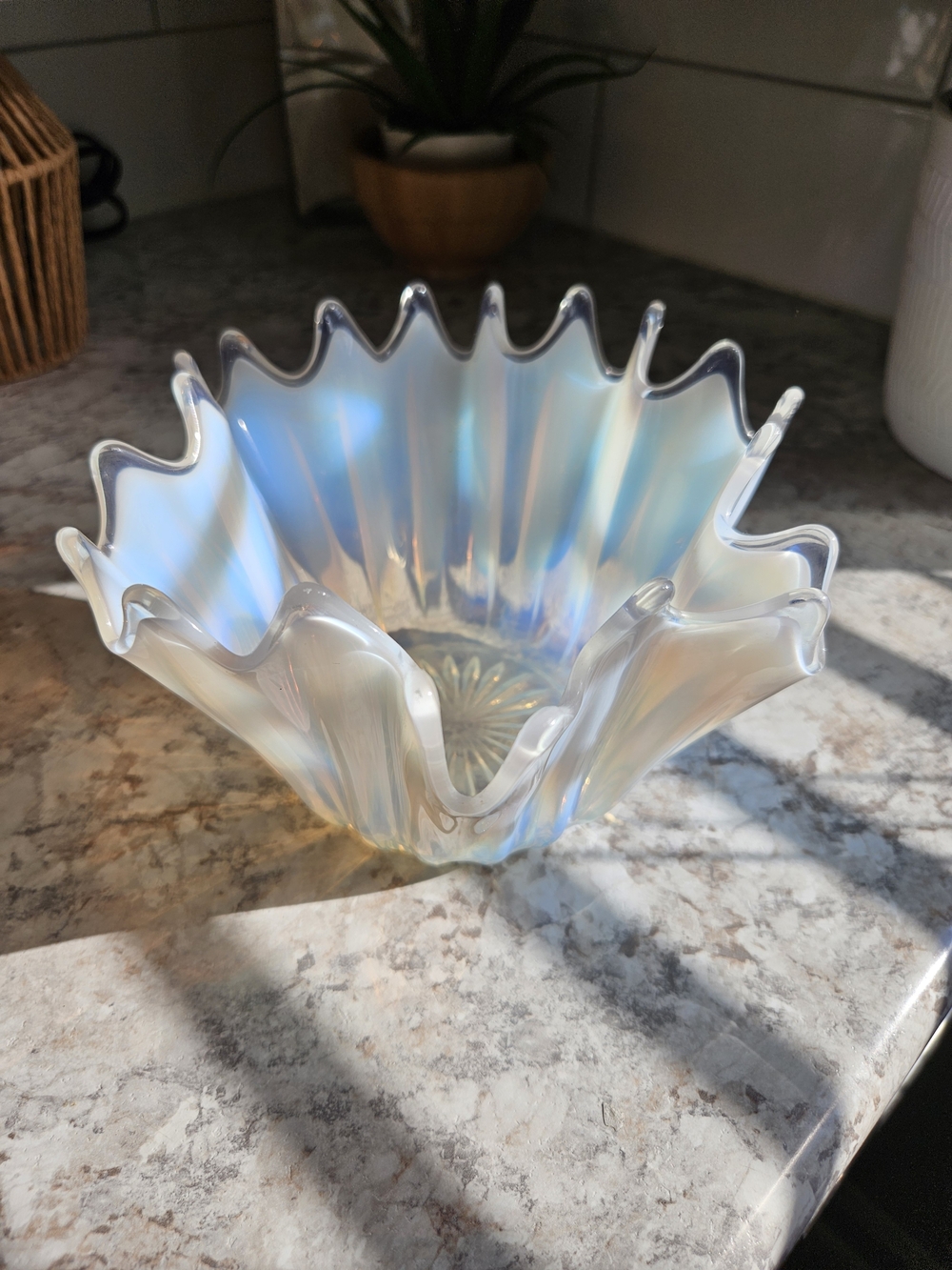 Vintage Fostoria Heirloom White  Opalescent Handkerchief Bowl
